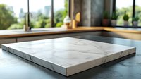 Marble cutting board on gray kitchen counter with natural daylight from windows. Modern minimalist kitchen interior with wooden elements and blurred background.