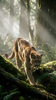 Mountain lion stalking through misty forest with dramatic sunbeams filtering through trees, showcasing wild predator in natural woodland habitat.