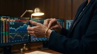 Mature male professional in dark business suit gestures while discussing financial data on monitor in office setting with warm lighting and stock charts visible.
