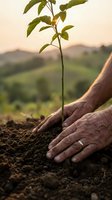 Mature male hands planting young seedling in rich soil with blurred agricultural landscape background, symbolizing growth, sustainability, and environmental stewardship.