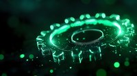 Glowing green mechanical gear with luminescent particles and bokeh effects in dark background creates futuristic technological atmosphere.