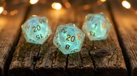 Three translucent turquoise twenty-sided dice with gold numbers on rustic wooden surface with warm bokeh lights creating atmospheric tabletop gaming scene.