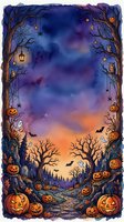 Halloween night scene with spooky trees, jack-o-lanterns, bats and owls creating mystical autumn atmosphere for seasonal decorations and party invitations.