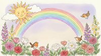 Cheerful sun with smiling face creates rainbow over colorful flower garden with roses and wildflowers, birds flying in pastel sky for children's decor.