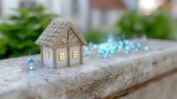 Magical miniature house with glowing windows and ethereal blue bokeh lights on rustic wooden surface creates cozy fairy tale atmosphere for home decor designs.