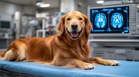 Happy Golden Retriever lying on examination table in veterinary office with brain scan images displayed on monitor in background, medical environment setting.