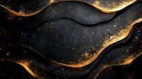 Abstract black and gold waves with glowing sparkles on dark background, luxury design pattern with flowing golden lines and shimmering particles.