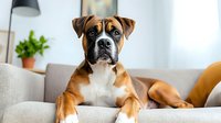 Brown and white boxer dog relaxing on gray couch in modern living room interior with natural light, potted plant and lamp in background.