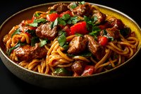 Tender pork meatballs with spaghetti pasta in savory sauce, garnished with fresh herbs and cherry tomatoes, served in rustic ceramic bowl on dark background.