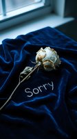 Dried white rose on dark blue velvet fabric with the word Sorry, evoking apology, regret, and emotional depth in moody, dramatic lighting.
