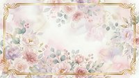 Soft watercolor roses and peonies with eucalyptus leaves frame a cream background, ideal for wedding invitations, greeting cards, and romantic design projects.