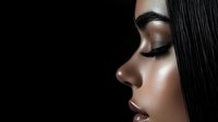 Side profile portrait of young woman with glowing bronzed skin, closed eyes, and dramatic makeup against dark background showcasing professional beauty and cosmetic artistry.
