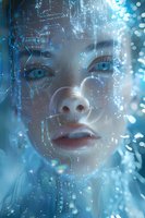 Ethereal female face overlaid with glowing digital patterns and circuits in blue tones, representing artificial intelligence and technological advancement.