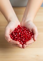 Woman with fair skin holding fresh red pomegranate seeds in cupped hands over wooden surface, representing healthy eating, nutrition, and organic produce for culinary use.