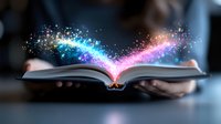 Magical glowing open book with colorful light streaming upward, sparkling particles and mystical energy emerging from pages in dark atmospheric setting.