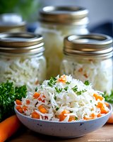 Fresh homemade sauerkraut with shredded carrots and herbs served in ceramic bowl, glass jars of fermented cabbage in background for natural probiotics.