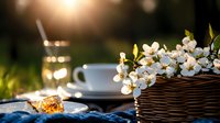 Delicate white spring blossoms in woven basket next to coffee cup and pastry on wooden table outdoors, golden sunset light creates dreamy atmosphere.
