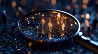 Glowing miniature figures standing in water droplets on dark surface with bokeh lights, creative macro photography for conceptual design and storytelling.