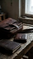 Vintage brown leather messenger bag and wallets on rustic wooden table in atmospheric workshop setting for artisan craftsmanship and heritage style concepts.