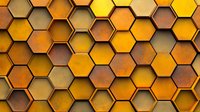 Geometric honeycomb pattern in warm amber and golden tones creates depth with shadows and highlights, forming a modern abstract background with hexagonal shapes.