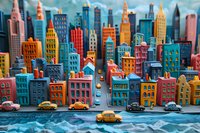 Colorful miniature cityscape with vibrant skyscrapers and toy cars on blue background, perfect for urban lifestyle, architecture and creative design projects, nostalgic retro style concept.