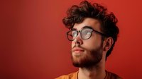 Young Caucasian man with curly dark hair, glasses and red beard looking up thoughtfully against red background, modern hipster style portrait for business and lifestyle concepts.