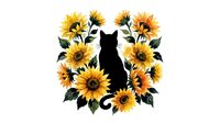 Black cat silhouette surrounded by vibrant sunflowers on white background, isolated design element suitable for t-shirts, prints, and graphic projects.
