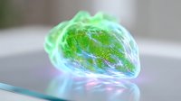 Glowing green strawberry with ethereal light effects floating above reflective surface creates magical atmosphere for fantasy and creative projects.