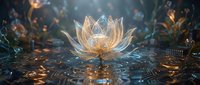 Glowing crystal lotus flower with golden light emanating from petals, floating on reflective water surface with magical bokeh effects and spiritual ambiance.
