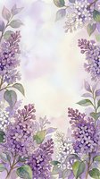 Watercolor lilac flowers with green leaves frame a soft lavender and cream background, creating an elegant botanical border design suitable for invitations, greeting cards, and spring-themed projects.
