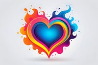 Vibrant rainbow heart with colorful splash effect on light background, featuring gradient colors from red to blue with decorative swirls and abstract fluid shapes.