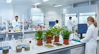 Scientists conducting plant research experiments in modern laboratory with potted plants and advanced equipment for botanical studies.