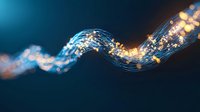 Glowing wave of magical light particles flowing in dark space with bokeh effect creates ethereal atmosphere for fantasy and abstract backgrounds.