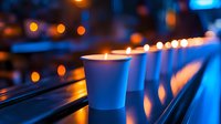 Glowing candles in white paper cups create atmospheric lighting with blue and orange bokeh effects, setting romantic ambiance for evening events and celebrations.