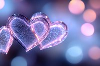 Glowing heart shaped lights with pink and blue bokeh background create romantic atmosphere for Valentine's day, wedding or anniversary celebration.