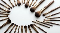 Professional makeup brushes arranged in circular pattern on white background for beauty and cosmetics applications.
