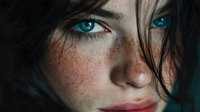 Young woman with striking blue eyes and freckles looking directly at camera with tousled brown hair framing her face in natural portrait lighting.