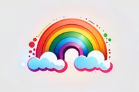 Vibrant cartoon rainbow with fluffy stylized clouds and colorful splatter dots, perfect for children's designs, greeting cards and cheerful decorative projects on light background.