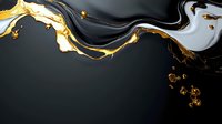 Luxurious abstract fluid art with flowing gold, black and white marble texture. Dynamic liquid waves create elegant swirling pattern on dark background.