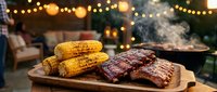 Grilled corn and barbecue ribs on wooden board at outdoor evening party with string lights and smoke creating festive atmosphere for summer dining.