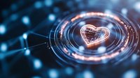 Glowing heart symbol with digital circular elements and connection lines on dark background, futuristic technology concept for healthcare and medical innovation.