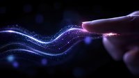 Finger touching glowing purple and blue light waves with sparkles and particles on dark background, creating magical energy flow effect.