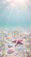 Dreamy underwater scene with pink starfish, seashells and sea grass on sandy ocean floor with tropical fish swimming above in turquoise water and sunbeams.