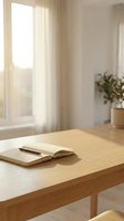 Open notebook and pen on wooden desk in bright, minimalist workspace with natural light from window, potted plant, and neutral interior design for creative work and productivity.