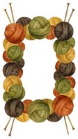 Colorful yarn balls in earthy tones arranged in a rectangular frame with knitting needles, featuring warm browns, greens, oranges and yellows. Suitable for crafting, knitting and hobby projects.