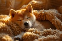 Sleeping Akita Inu puppy wrapped in cozy beige blanket during golden hour sunlight, expressing peaceful contentment with closed eyes and gentle smile.