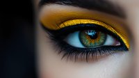 Close-up of eye with vibrant gold and black eyeshadow makeup, long eyelashes, and striking amber-colored iris against dark background. Professional beauty cosmetics.