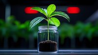 Young green plant growing in glass jar with soil, illuminated against dark background with red bokeh lights. Concept of growth, sustainability and new beginnings.