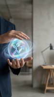 Businessman hands protecting glowing holographic sphere with plant and growth arrow symbols representing sustainable business development and eco innovation.
