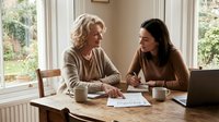 Senior Caucasian woman and young Hispanic woman discussing financial documents at home table with coffee cups and laptop for planning consultation.
